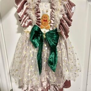 Elegant Christmas Kids Dress with Gold Accents and Green Bow